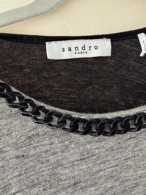 Sandro Black and Gray Linen-Blend Top with Raw Edge Neck